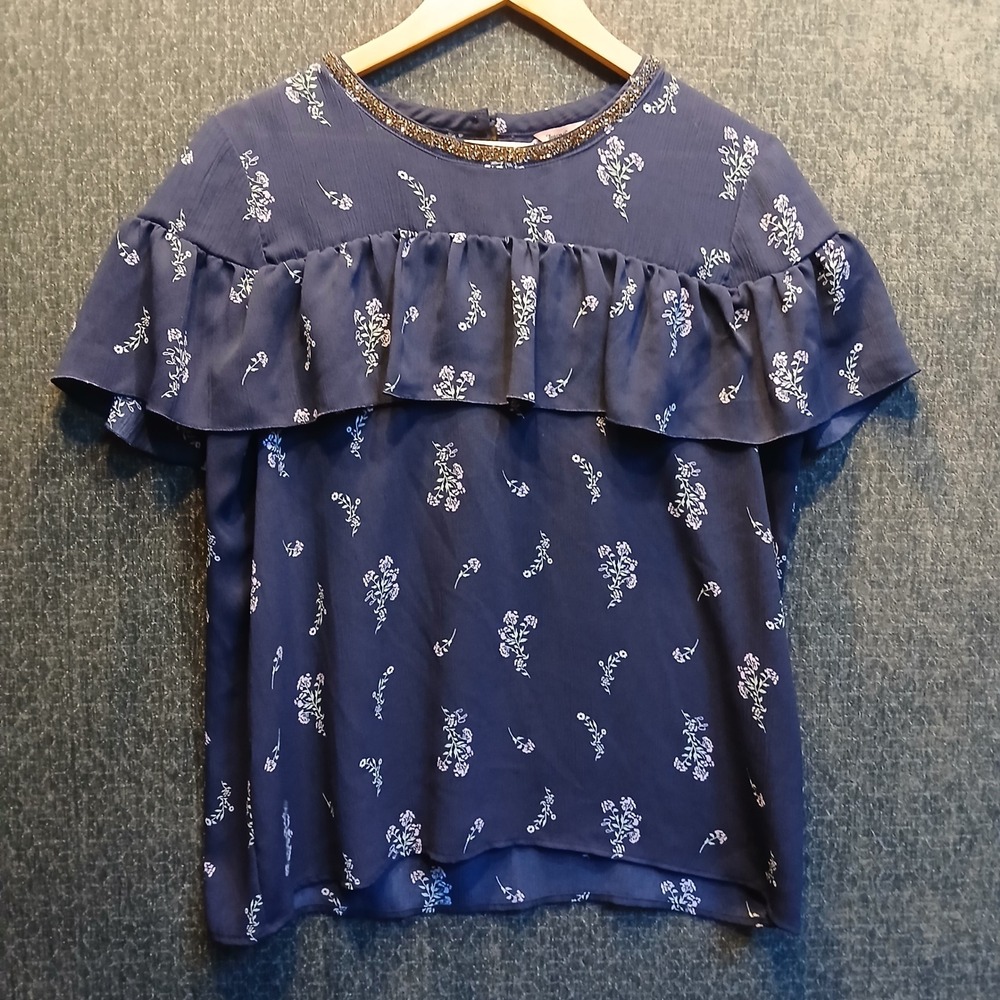 Juicy Couture Navy Floral Ruffle Blouse Rhinestone Neckline Large